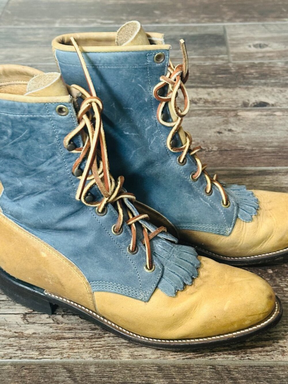 Justin Brown Blue Roper Lace Up Women Ankle Cowboy Boots Sz 7C - Picture 7 of 8